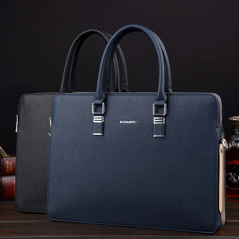 Business Genuine Leather Men's Briefcase Bag 14-Inch Laptop Bag Handbag Large Capacity Male Shoulder Bag for Document