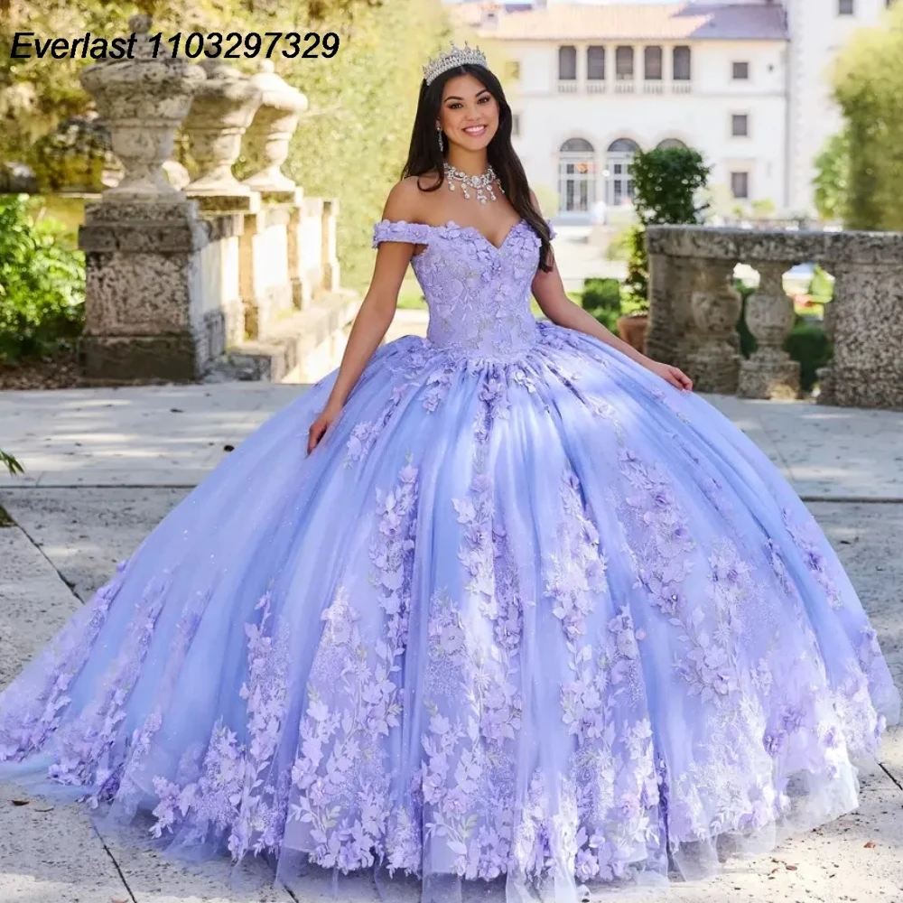 

EVLAST Sparkly Purple Quinceanera Dress Ball Gown 3D Floral Lace Applique Beaded With Cape Sweet 16 Vestido De 15 Anos TQD360