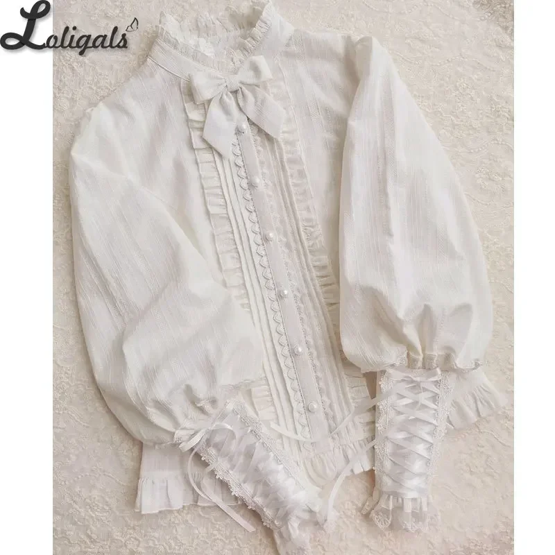 Vintage bluzka Lolita długi rękaw w stylu Bishop marszczona koszula dla kobiet