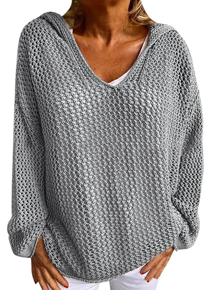 2025 ربيع/صيف جديد غير رسمي فضفاض الجوف هوديي موضة بسيطة بلون المرأة محبوك قمة الشارع نمط الملابس النسائية #3