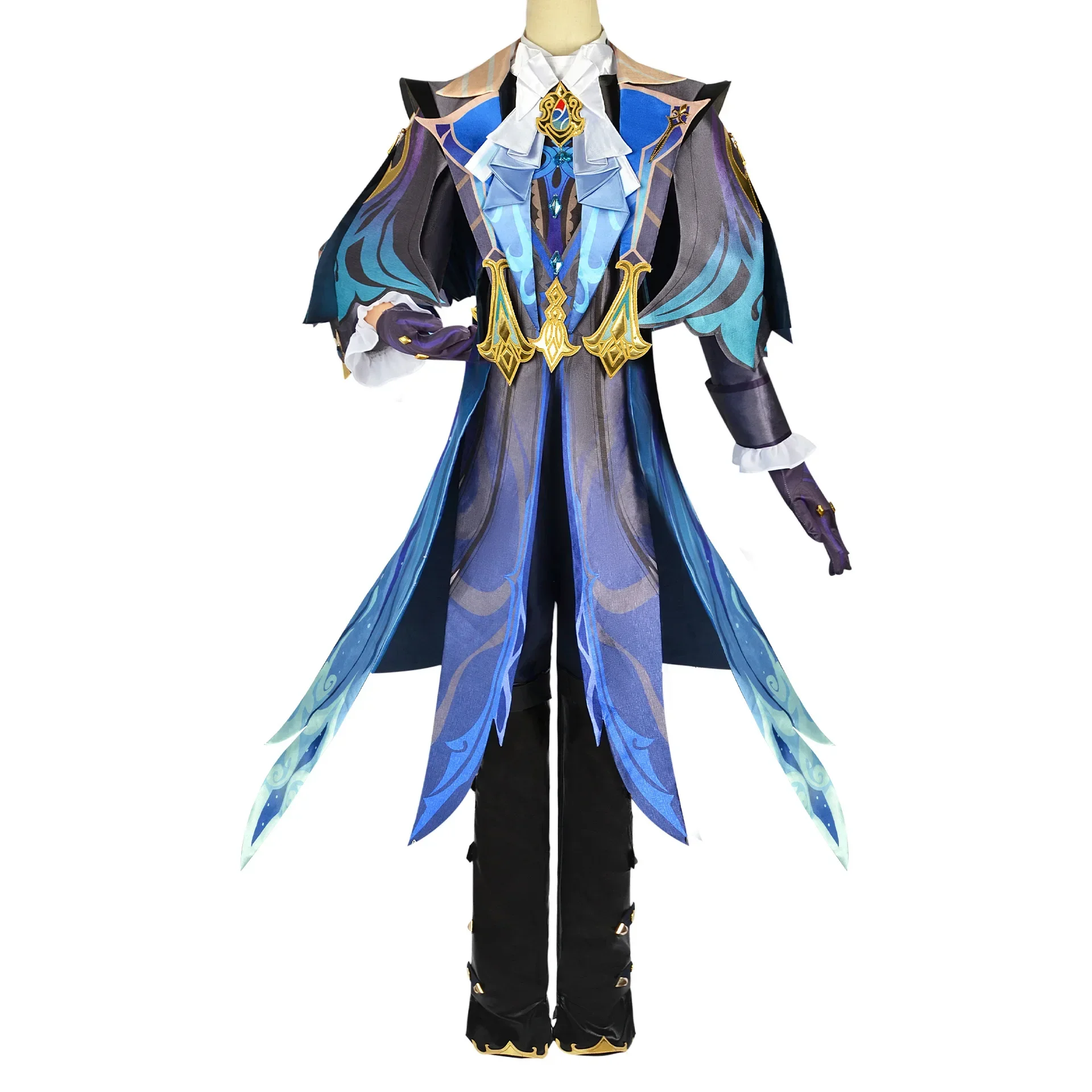 Genshin Impact Neuvillette Cosplay Costumes Suits Wig Blue Outfits Water Dragon King Halloween Party Role Play Uniform for Men