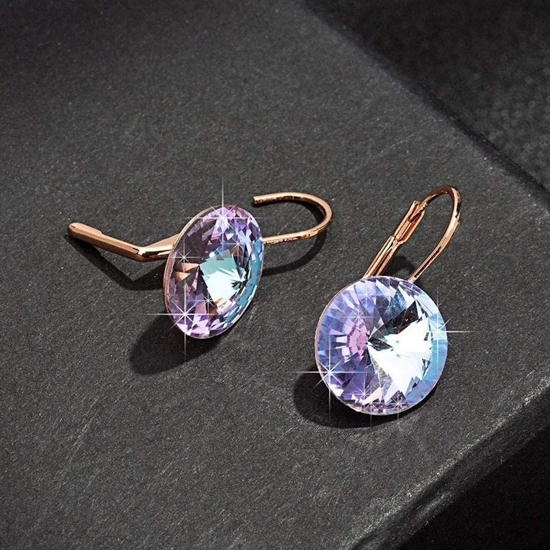 New Fashion Crystal Round Drop Earrings for Women 14K Rose Gold Plated Leverback Hoop Earring Party Wedding Jewelry Gifts