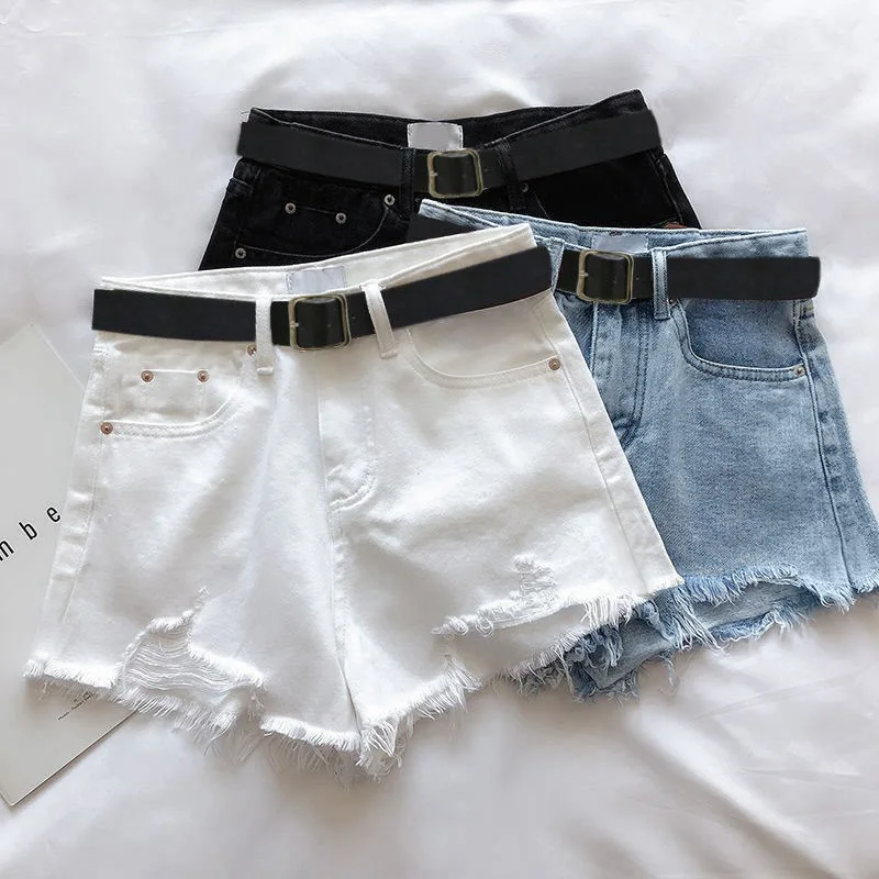 

Women Summer Ripped Denim Shorts Pants New Casual Hot Pants High Waist A Line Raw Hem Wide Leg Loose Fit Stretchy Denim Shorts