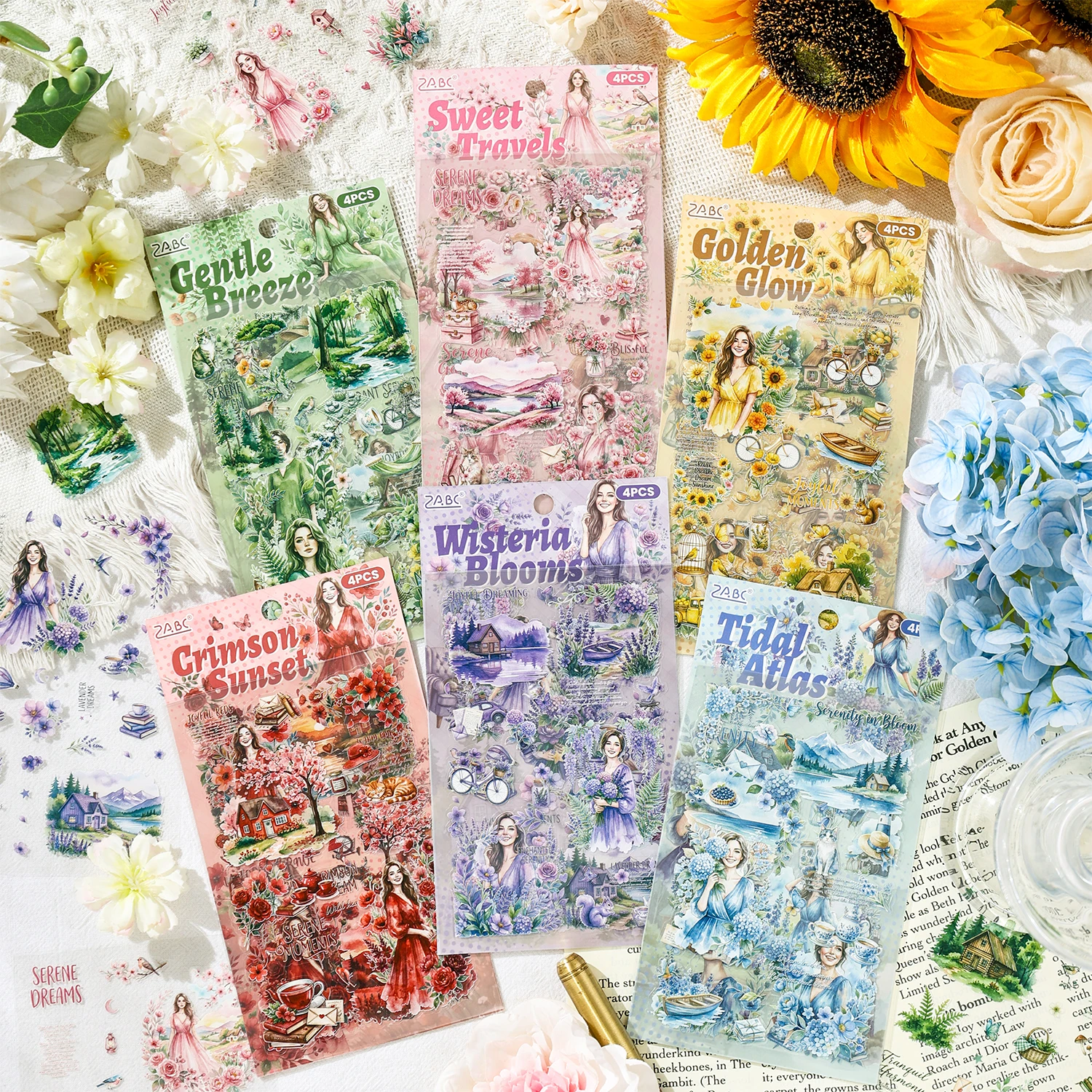 

4Pcs Watercolor Girl & Floral PET Stickers, Nature Landscape Scrapbooking Decals