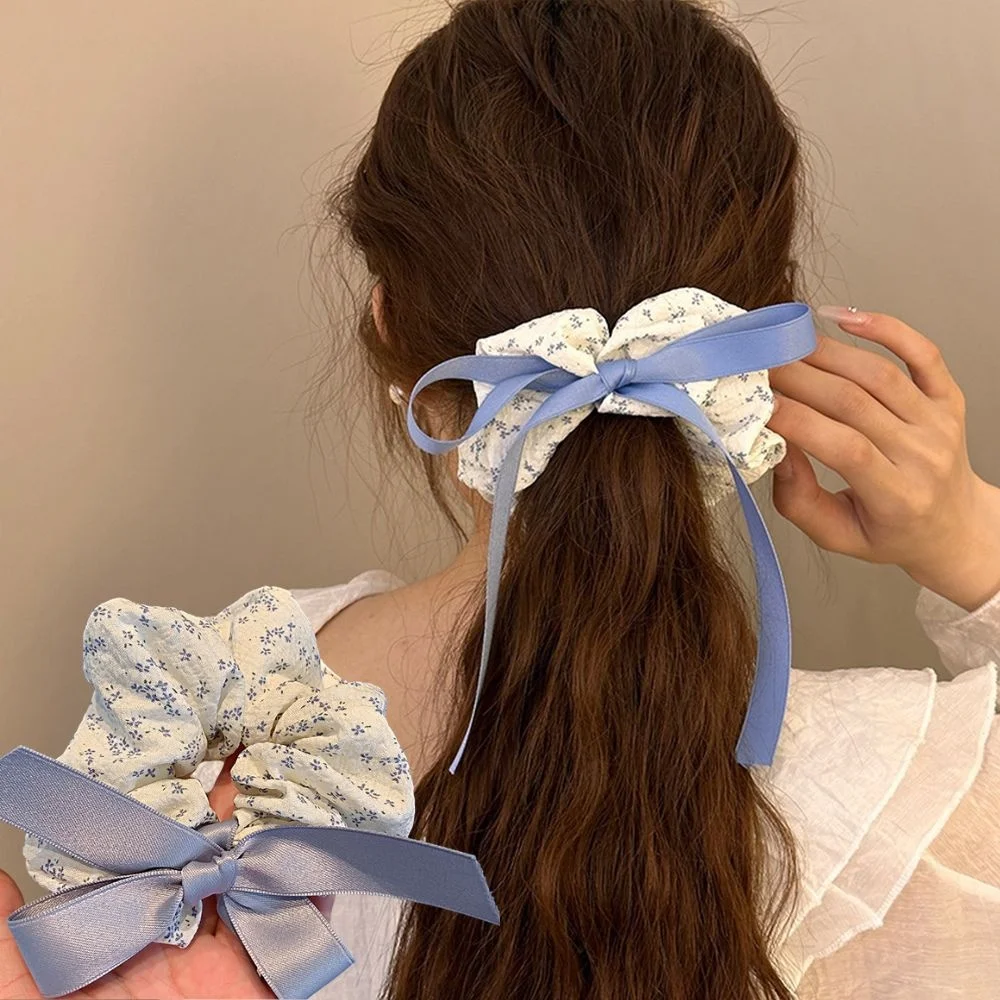 Korean Blue Floral Large Intestine Scrunchies Bow Ribbons Elastic Hair Ties Ponytail Holder Hair Rope Hair Accessories Headband