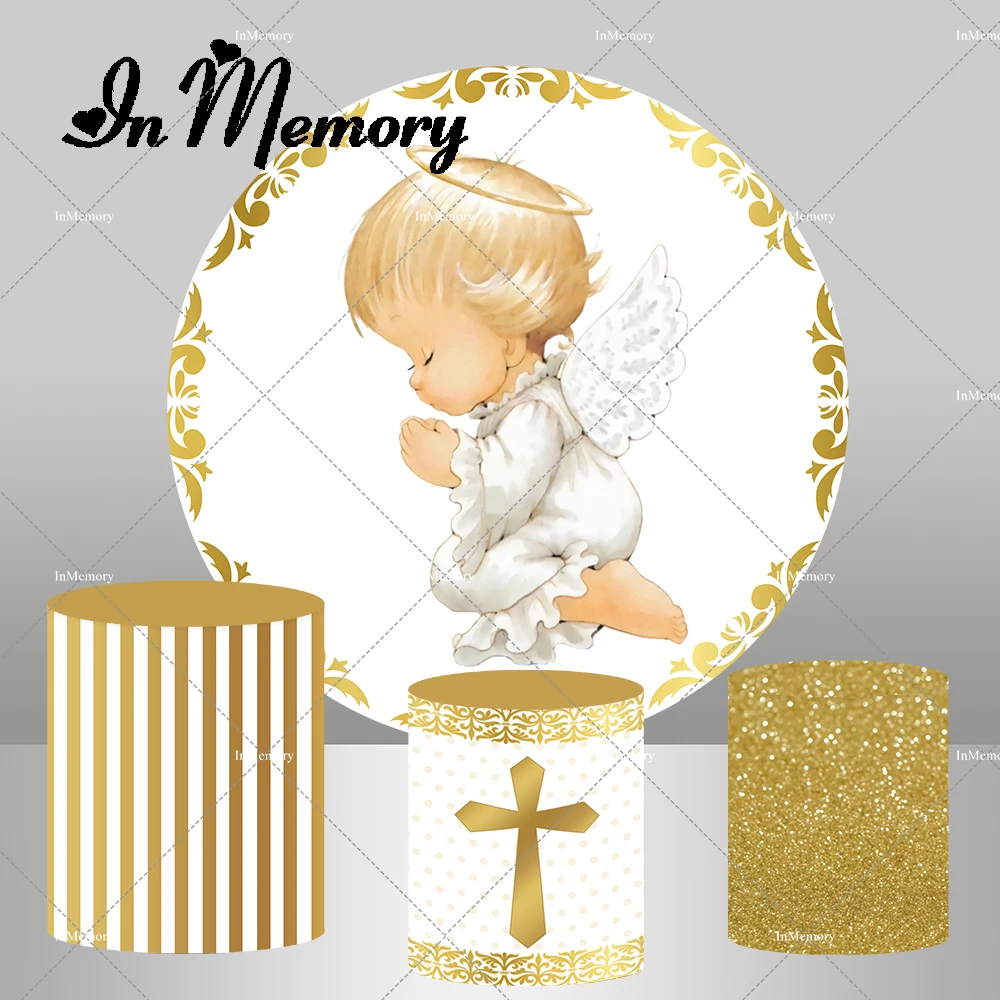 

Kids Baptism First Holy Communion Party Round Backdrop Cover Gold White Angel Circle Background Glitter God Bless Plinth Covers