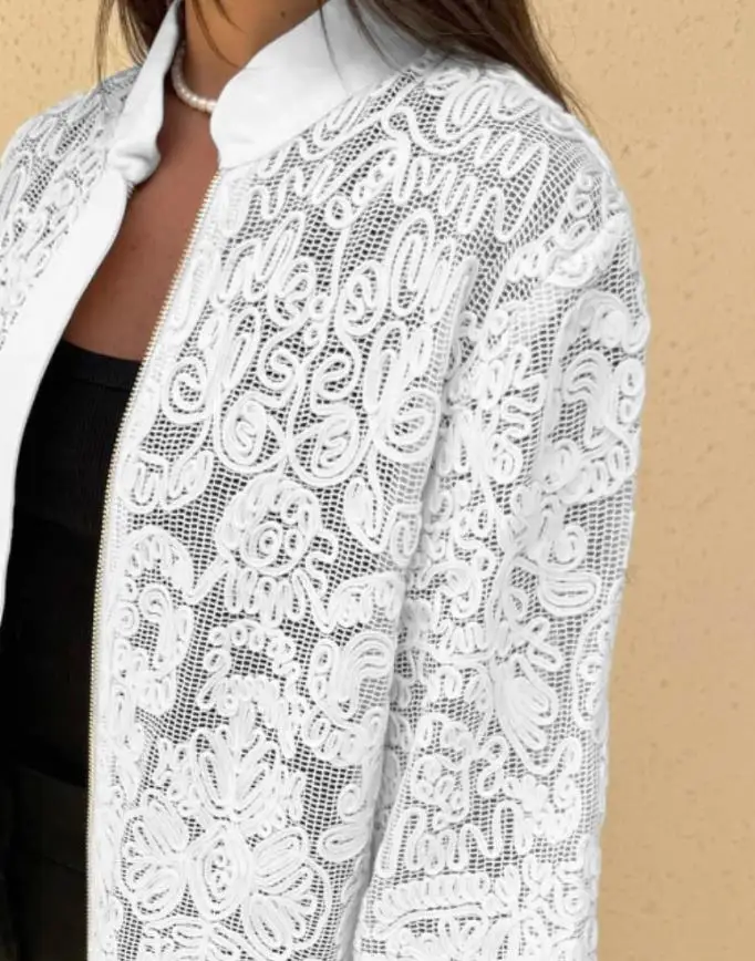 

Women's Jacket 2025 Spring New Stand Collar Zipper Up Pattern Textured Lightweight Breathable Baseball Coat Casual Sheer Coat