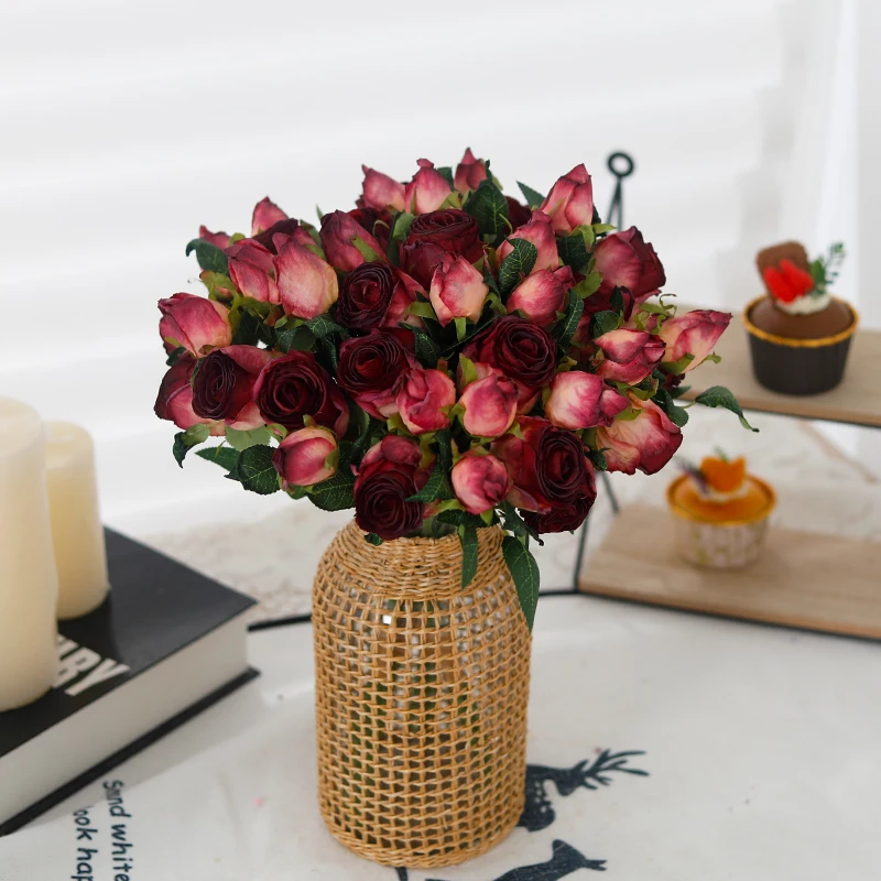 Artificial Flowers Valentine Day Rose Bouquet Burnt Edge Home Wedding Christmas Decor Fake Floral Living Room Table Vase Arrange