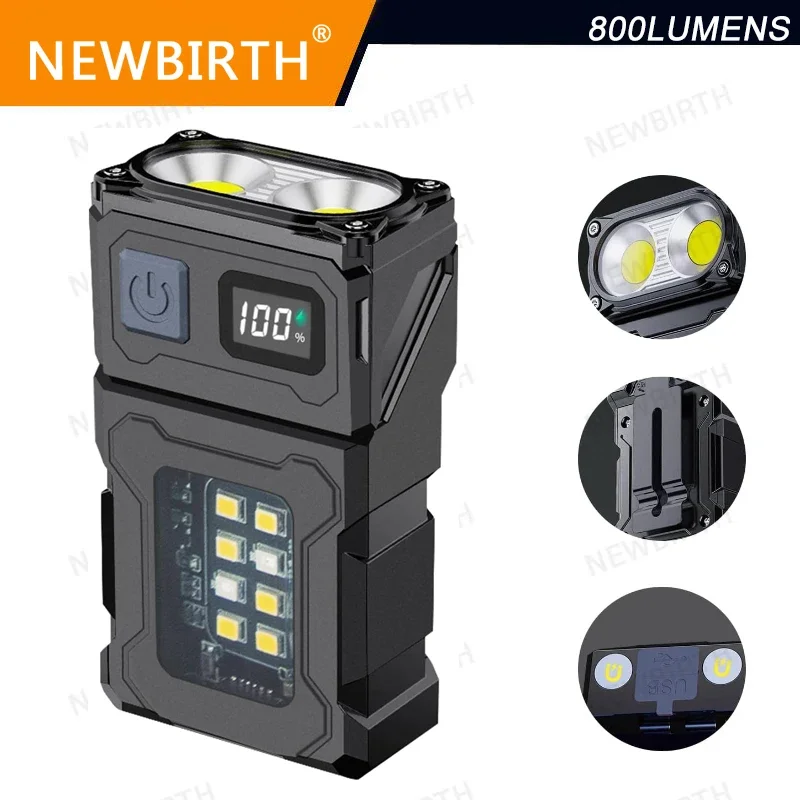 Mini lampe de poche LED 800LM, rechargeable, base magnétique, lampe de travail EDC à clipser pour la randonnée, le camping, la marche des chiens et les urgences