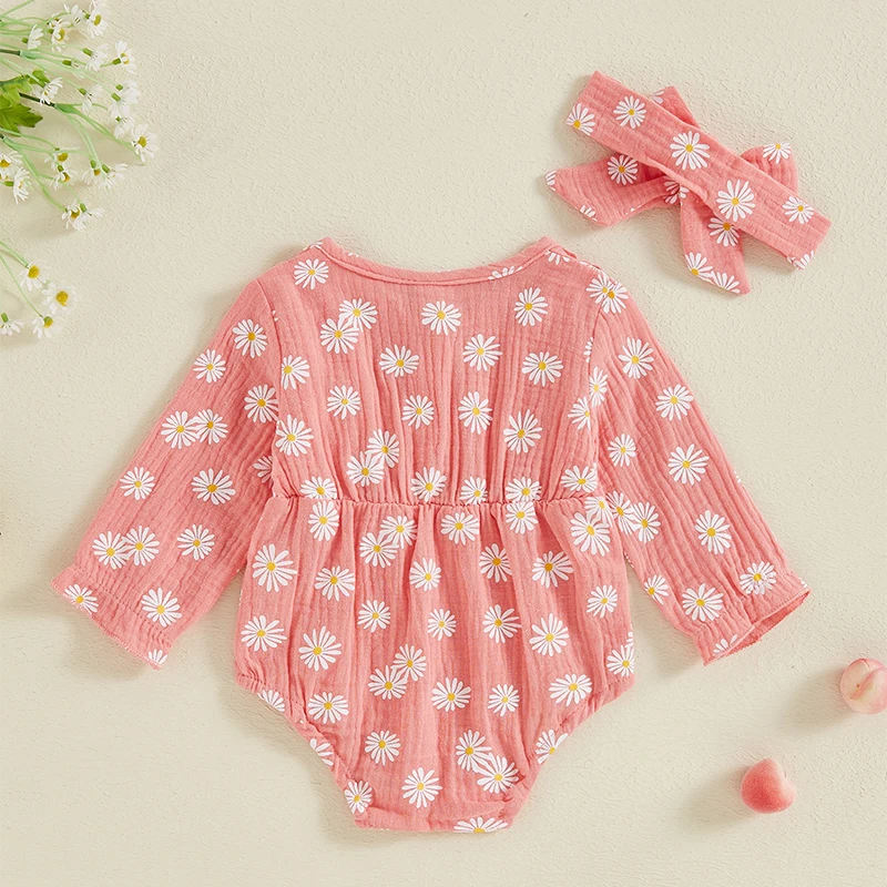 Conjunto de 2 peças de Daisy Print Romper com Headband, manga comprida, roupas recém-nascidas, bebê menina, criança, outono