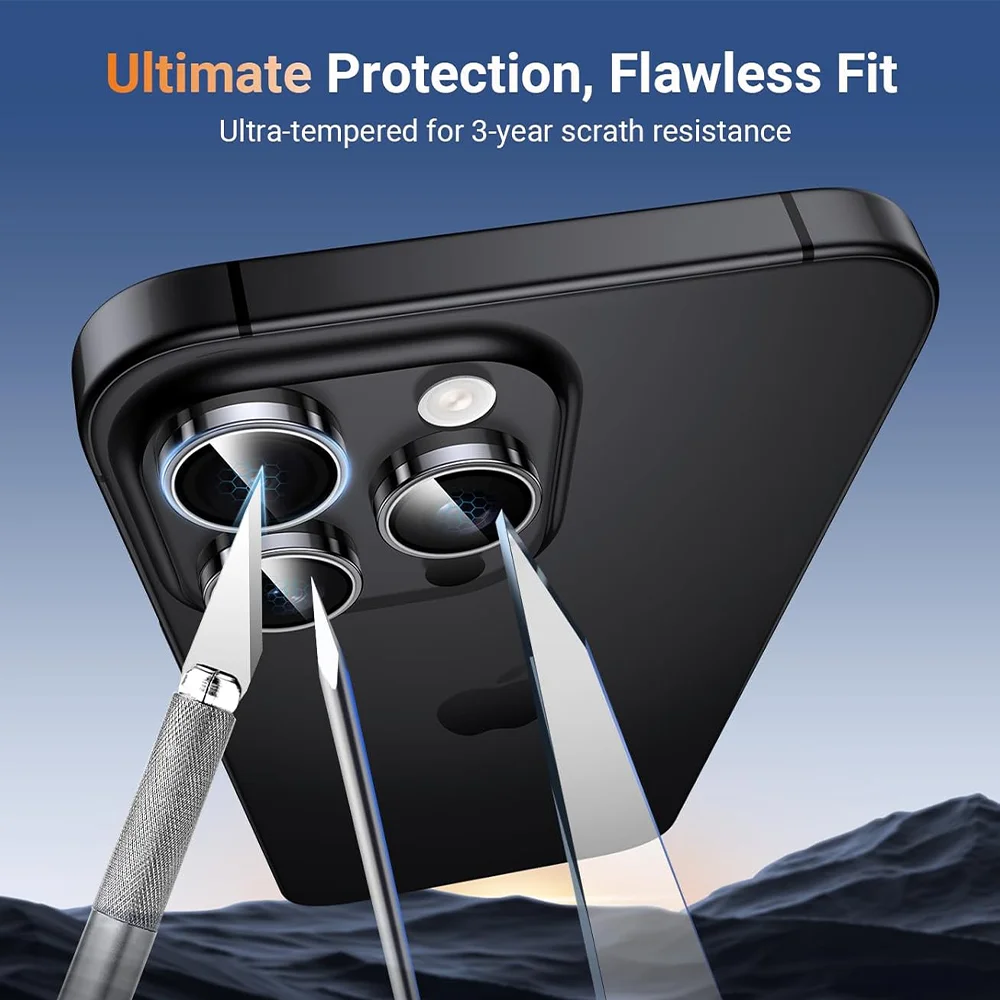 Protetor de lente de câmera com anel de metal armadura para iPhone 17 Pro Max Filme de vidro temperado laranja antiderrapante capa protetora à prova de choque