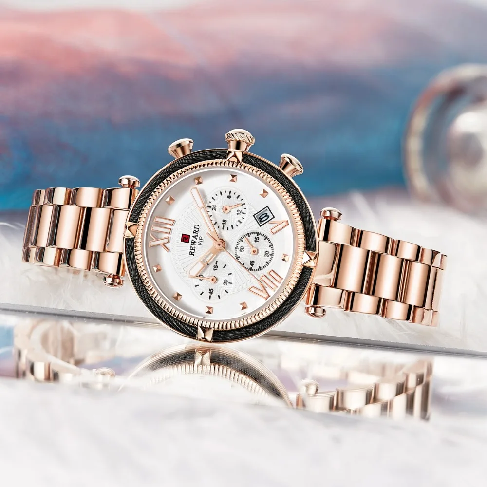 REWARD-Montre à quartz de luxe pour femmes, marque supérieure, à la mode, avec bande d\'acier, 2024