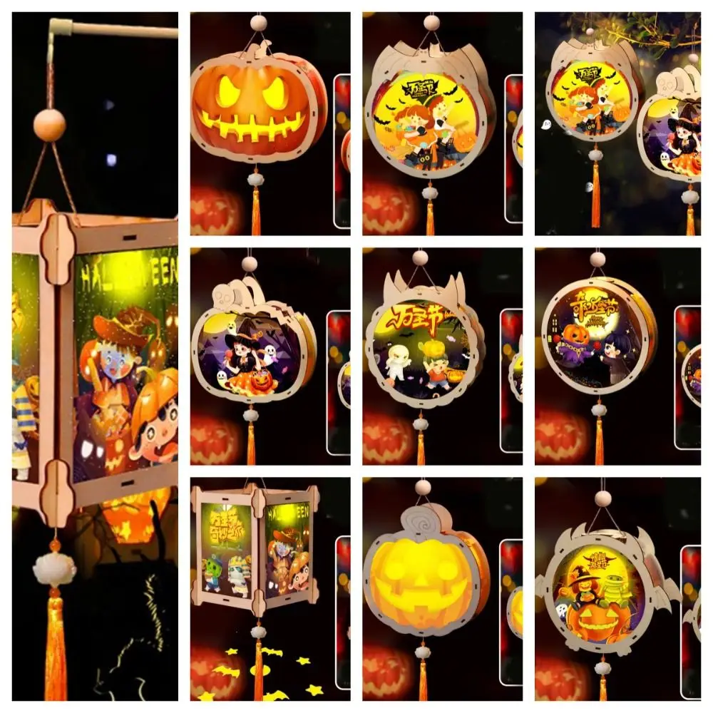 

Luminous Halloween Pumpkin Lantern Handheld Pumpkin Wooden Halloween Lantern Handmade DIY Halloween Lantern DIY Children Toys