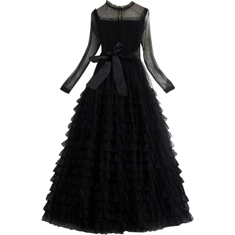 Lady Dress 2022 Spring Autumn Korean Style Black Sexy Temperament Elegant Lace Stitching Mesh Multi Layer Cake Dress for Party