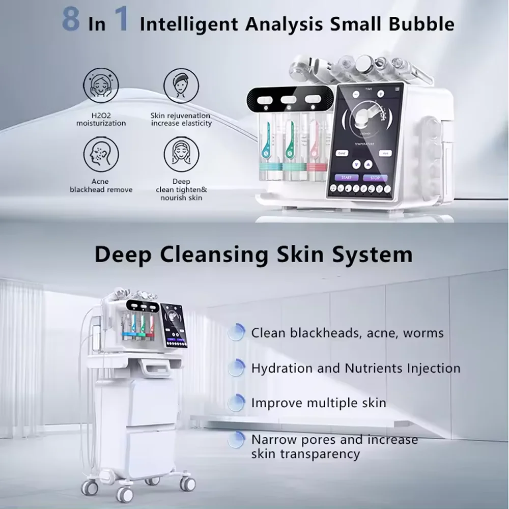 Korean New Face 8 in 1 Small Bubble Facial Skin Management Machine Hydradermabrasion Deep Cleansing Ultrasonic Face Lifting