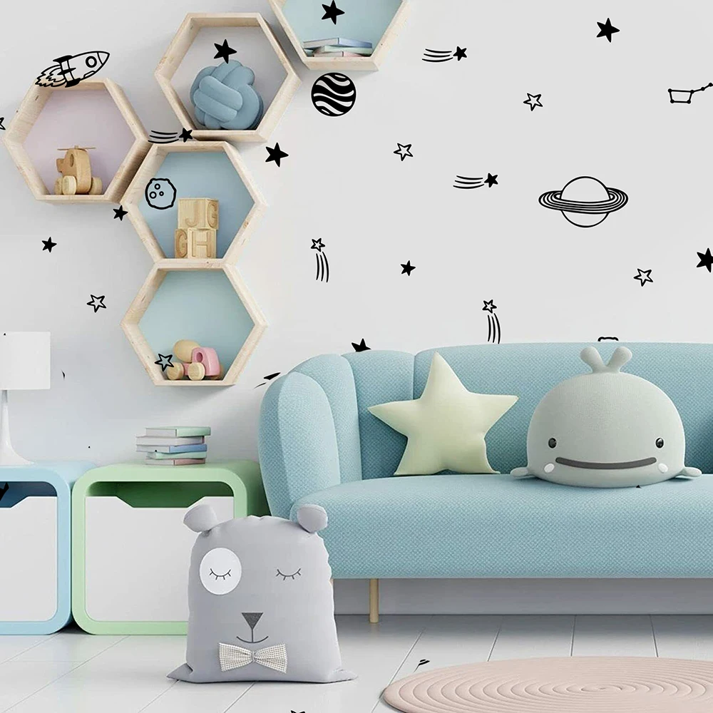 Cartoon Space Stars Planets Rocket Wall Sticker Decal Astronomy Sky Teen Kids Playroom Bedroom Home Decor