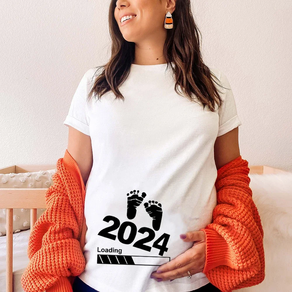 Pregnancy Announcement Shirts 2024 Mom Baby Boy and Girl Loading T-Shirt Maternity Outfits Gender Reveal Baby Loading Shirts