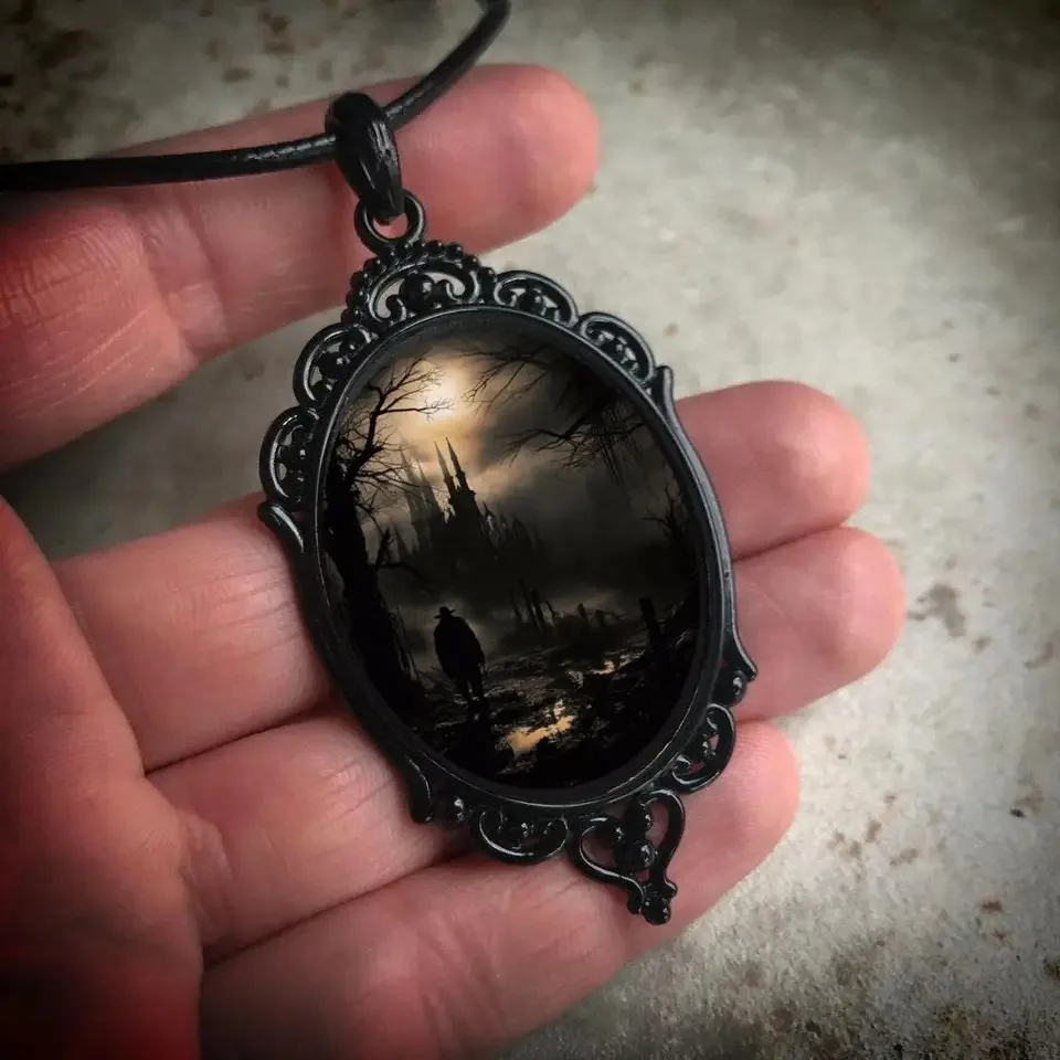 Gothic Retro Castle Cameo Necklace For Women Man Fashion Pagan witchcraft Jewelry Crow Bat Ruin Castle Cameo Rope Chain Necklace