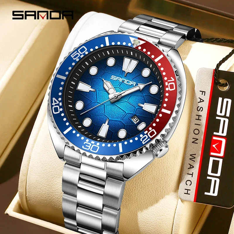 SANDA Luxury Business Men's Quartz Watch Rotatable Bezel Luminous Calendar Waterproof Steel Strap Fashion Man Watches Male Cloc