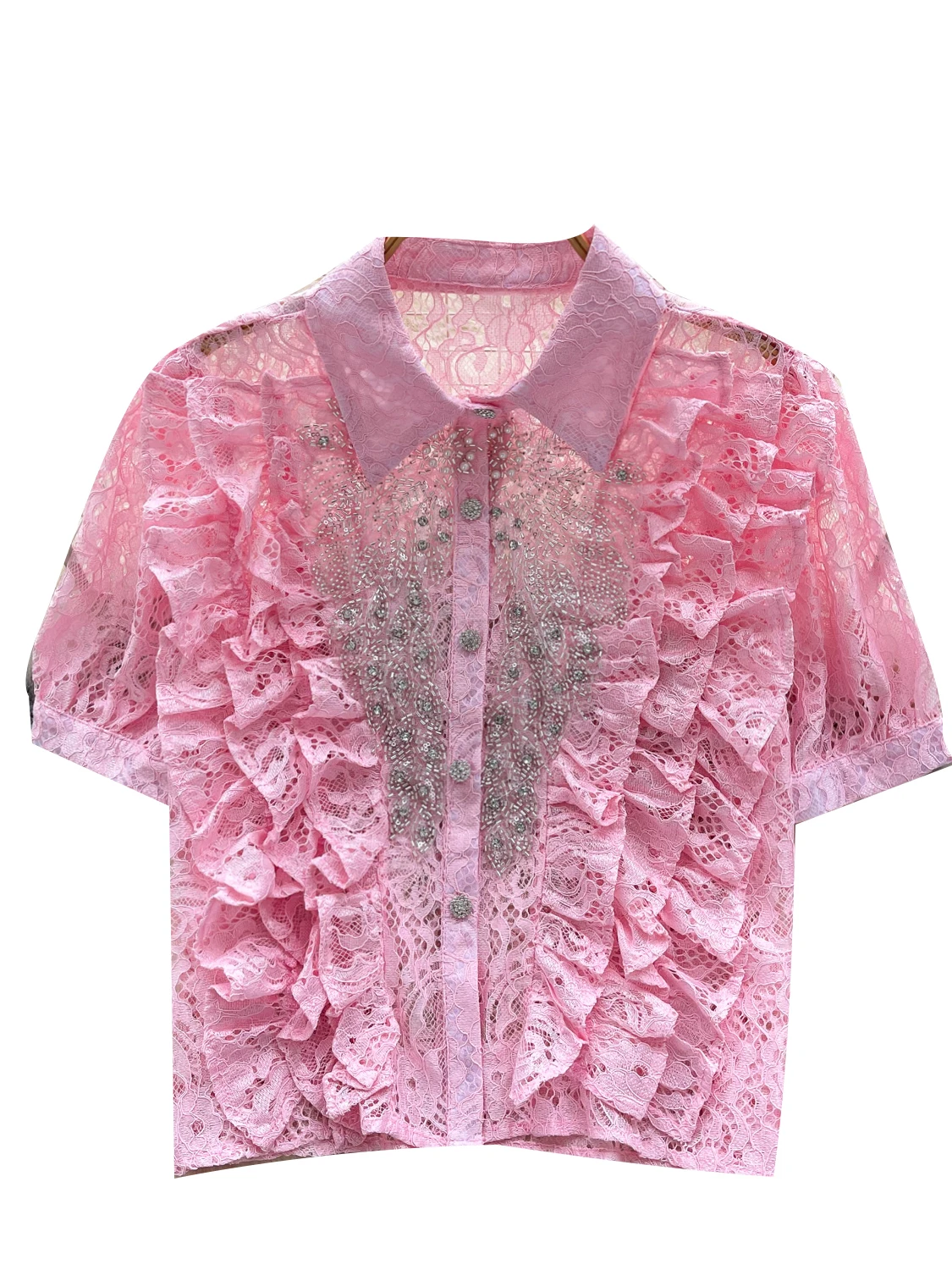 قميص دانتيل ماسي مزين ثقيل على الموضة للنساء صيفي بأكمام فقاعية وزر واحد على الطراز الكوري بلوزة فضفاضة