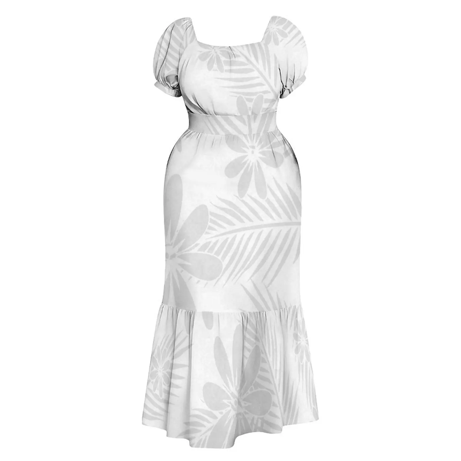 

Samoa Island Custom Retro Art White Dress For Mother'S Day Women'S Midi Dress With Polynesian Pattern Design Short Sleeve