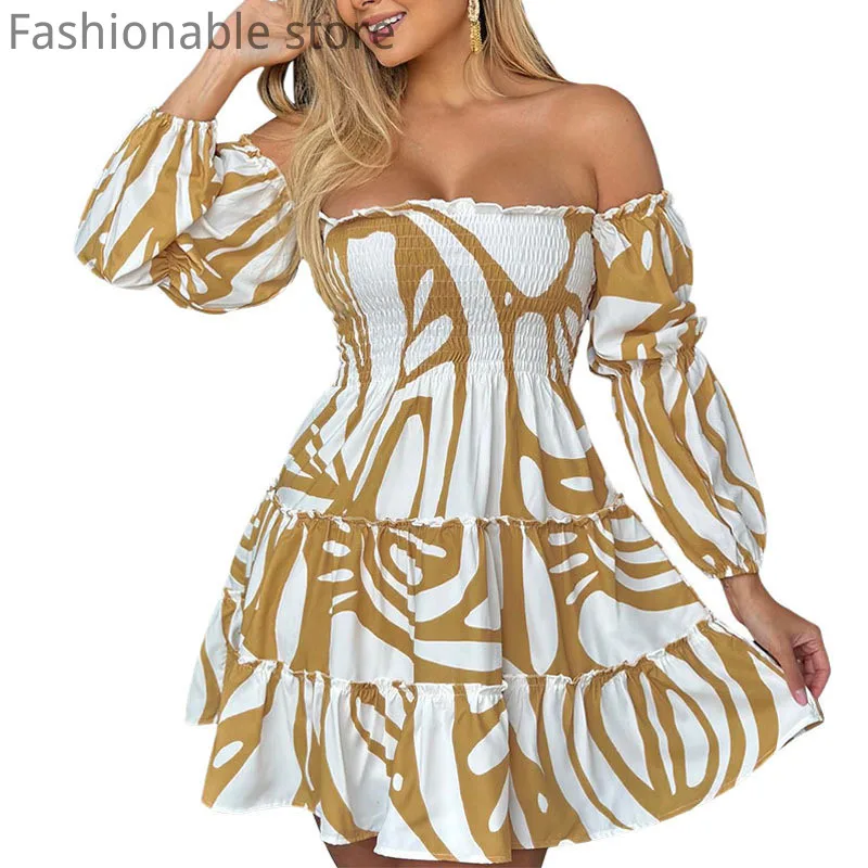 

Women Sexy Slash Neck Off Shoulder Print Shirring Strapless A-line Dress