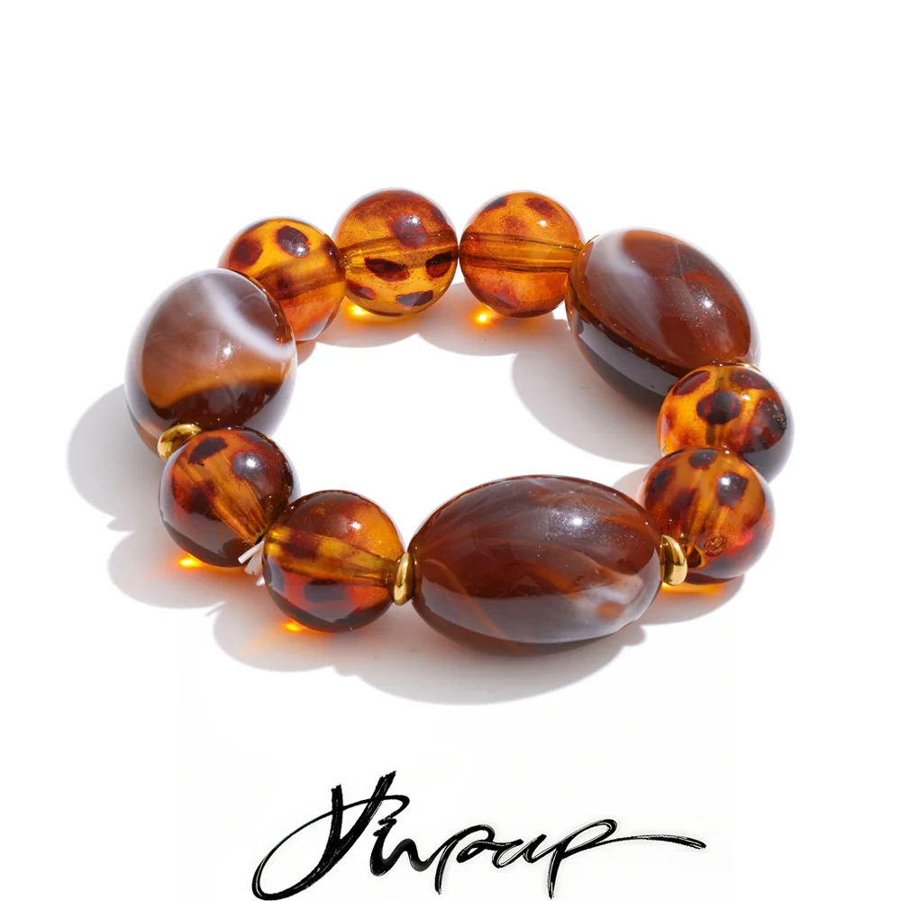 Yhpup nouveautés ambre acrylique résine perles rondes chaîne Bracelet fait à la main en acier inoxydable élégant Unique bijoux distinctifs