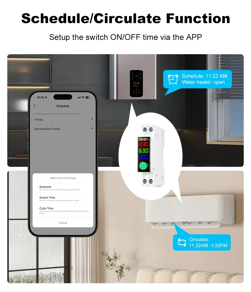 Manhot WiFi Circuit Breaker LED Display Energy Metering kWh Voltage Current Meter Protector Voice Remote Control Switch 1P+N 63A view 2