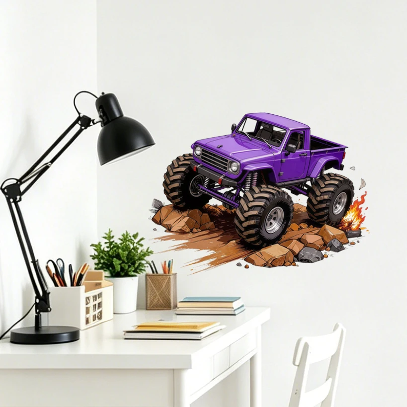 Purple Monster Truck Wall Stickers Cartoon Offroad Pickup Big Mud Tires Rock Fire Wall Decals Removable Kids Bedroom Playroom De