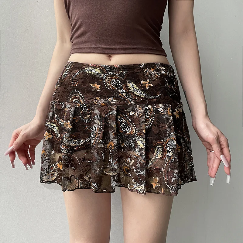 Bohemian style retro cashew print lace short skirt spicy girl low waisted wrapped hip slimming A-line skirts