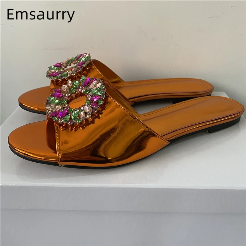 Colorful Jeweled Elliptical Buckle Women Slippers Genuine Leather Flat Heel Rhinestone Outwear Shoes For Girls Summer