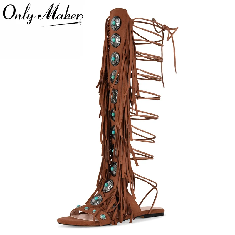 Sandalias Planas de Mujer Onlymaker con Borlas y Joyas, Sandalias de Moda de Lujo con Cordones y Flecos, Tallas Grandes