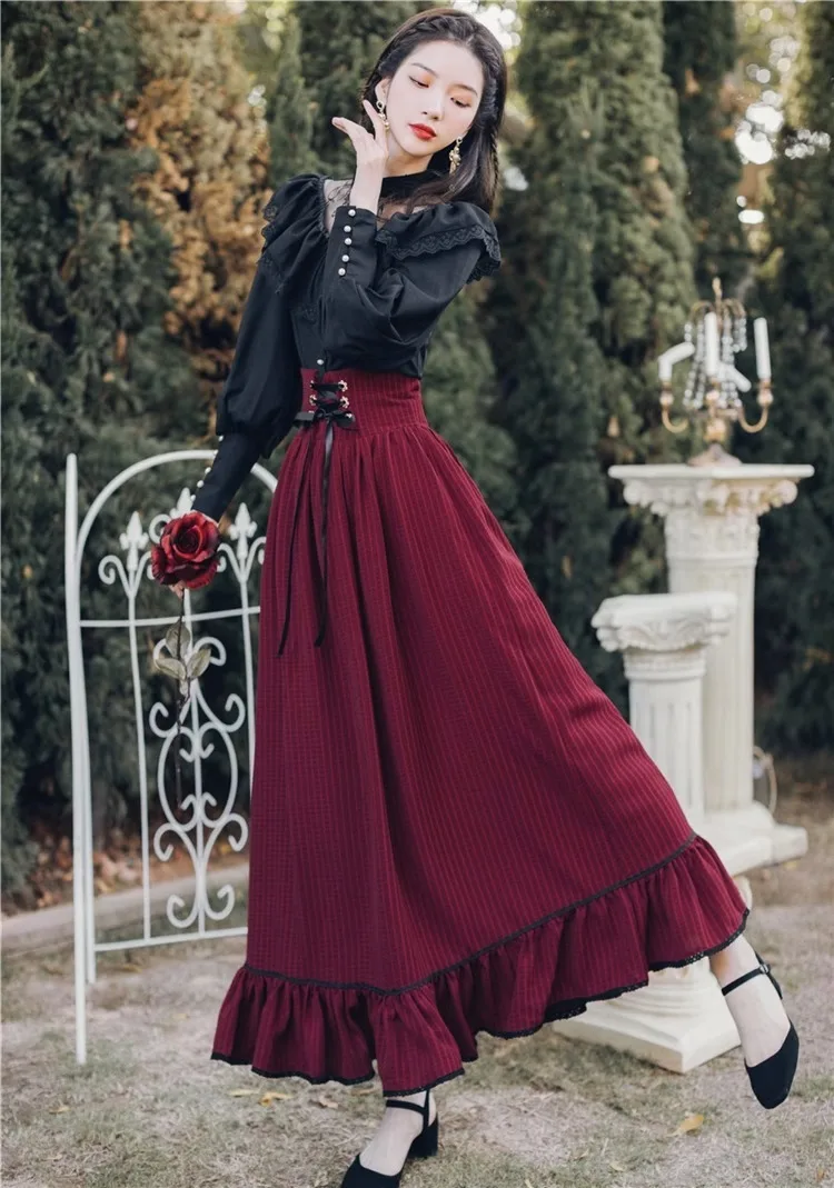 Frauen Vintage Viktorianischen Lolita Midi Rock Zwei Stück Gothic Schwarz Spitze Rüschen Bluse A-linie Rock Weibliche Elegante Süße Kleid Set