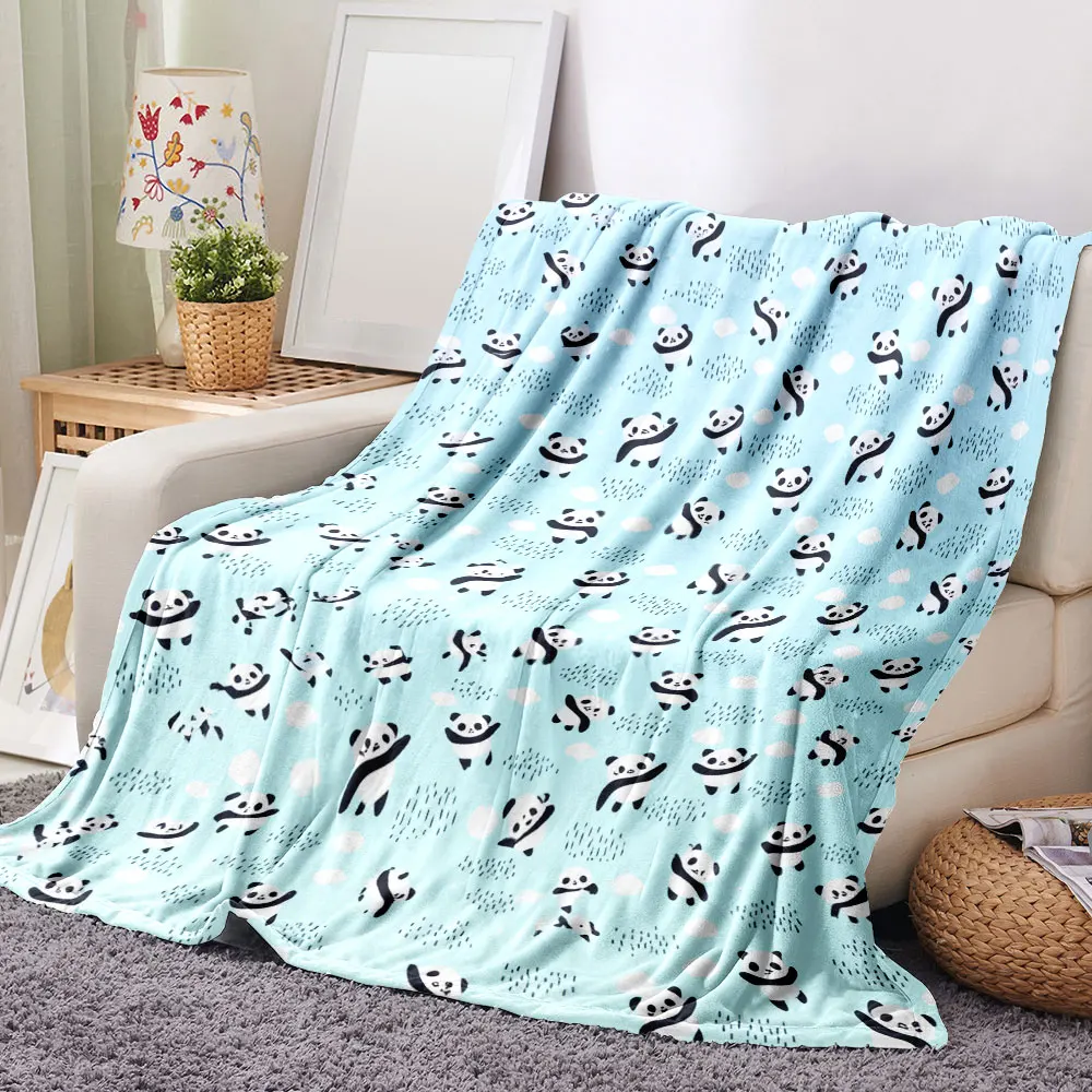 Light Blue Whimsical Panda Clouds Throw Blanket - Soft, Cosy Printed Blanket with Cute Pandas, Scattered Clouds & Dotted Patt