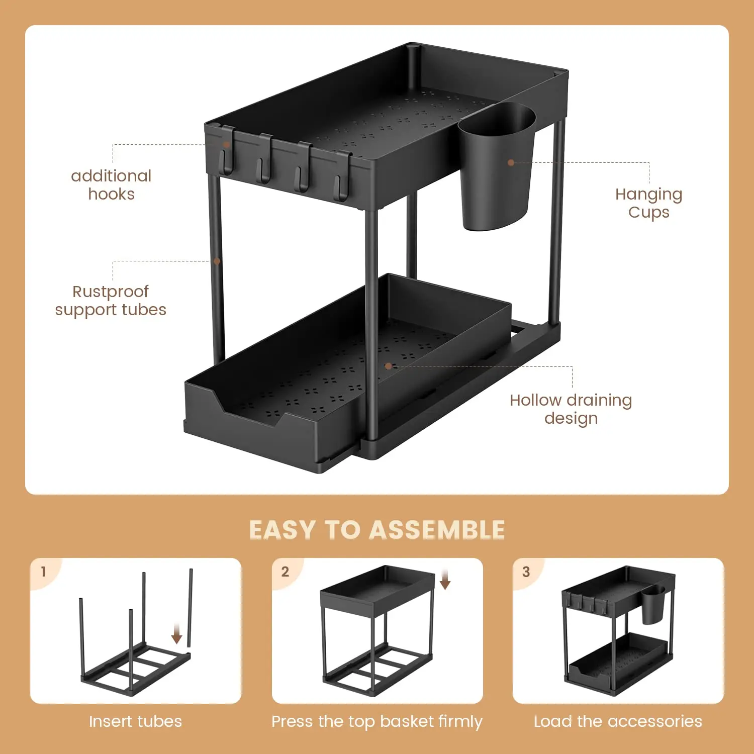 Under Sink Organizer and Storage, Kitchen Organization Rack with Double Sliding Cabinet Drawers, Multi-Purpose Storage Shelf