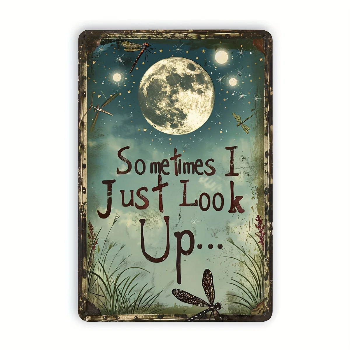 

Vintage Dragonfly & Moon Metal Tin Sign with Inspirational Quote "Sometimes I Just Look Up" - Rustic Wall Art for Home, Office