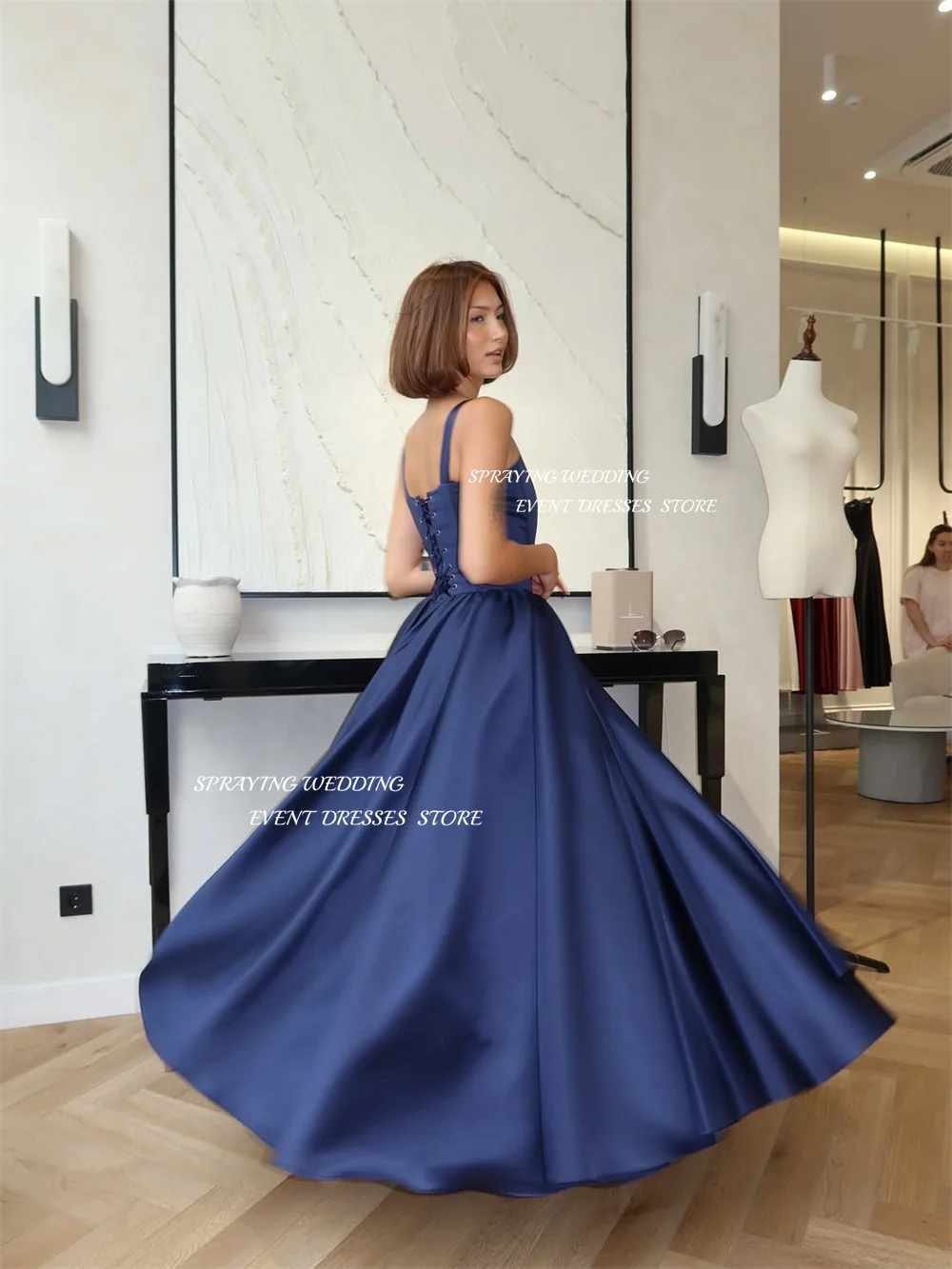 

ВЕСНАЯ Элегантное темно-синее атласное вечернее платье с квадратным воротником и бретельками, вечернее платье для женщин в арабском Дубае, длиной до пола, по индивидуальному заказу