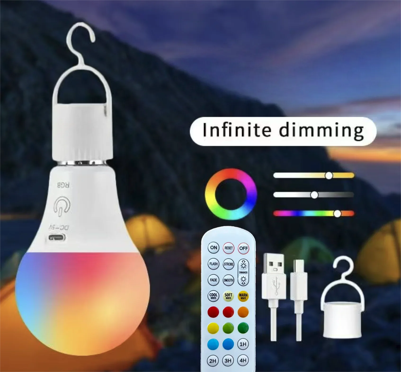 Bombilla LED Recargable con Control Remoto – Cambio de Color RGB, Funciona con Batería, Base E26, Gancho Integrado para Iluminación Portátil