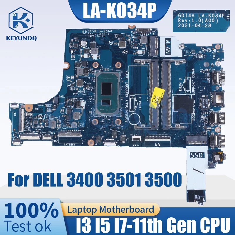 

LA-K034P LA-K032P For Dell Vostro Inspiron 3500 3501 3400 Notebook Mainboard 07HC6F 0GGCMJ I3 I5 I7-11th CPU Laptop Motherboard