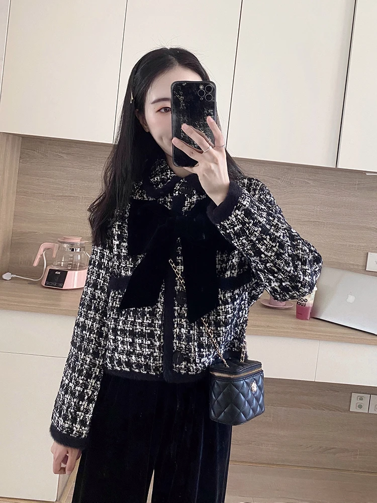 

Blue Mo Ele Bla Quilted Jaet Women's ort Sle Winter Coat Ladylike Commuter Plaid Pattern Long Sve Loose Fit