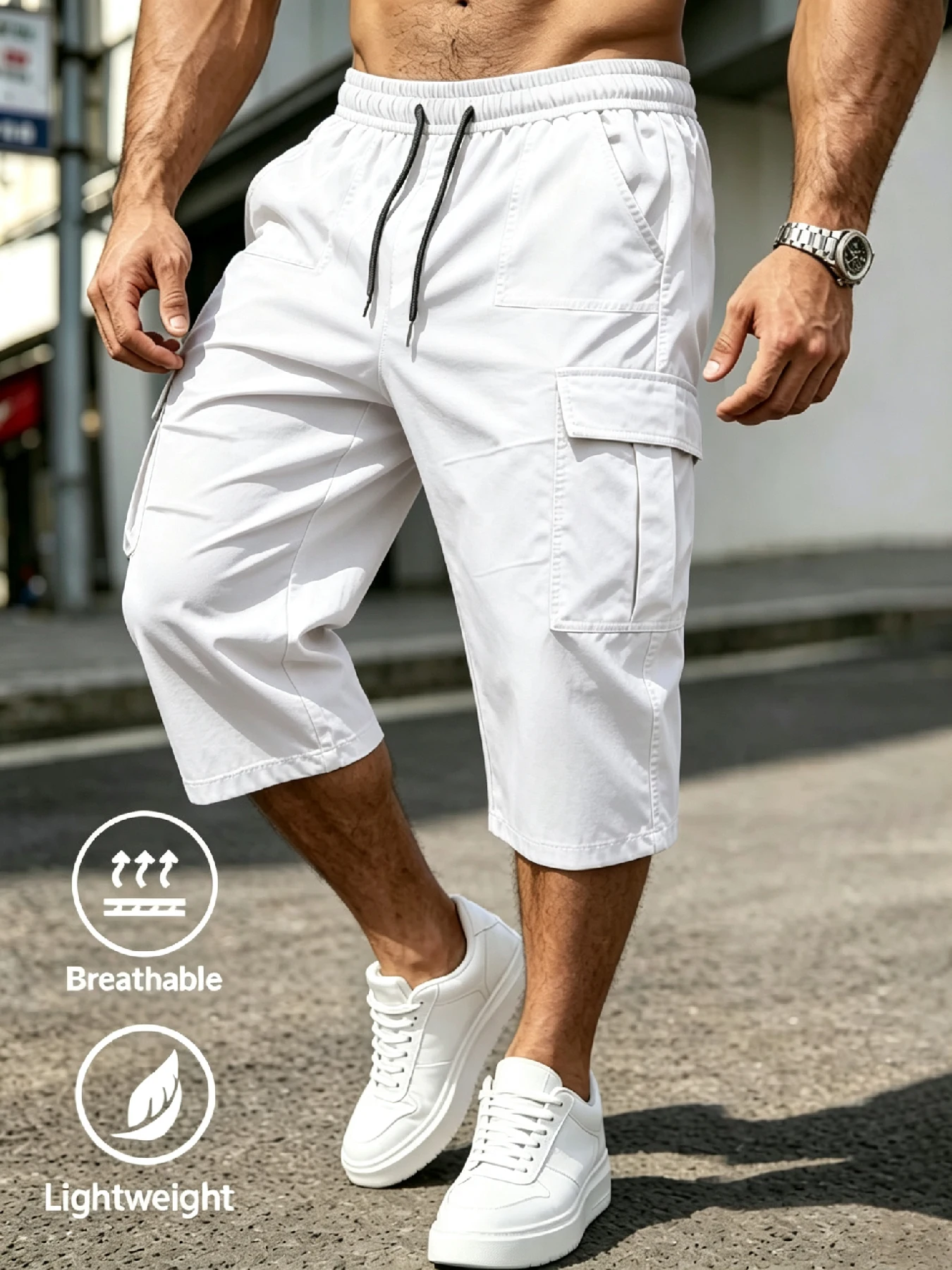 Loose‑fit Men's Knee‑length Cargo Capri Pants, Streetwear Functional Casual Look, Multi‑storage Pockets, Comfortable Breathable