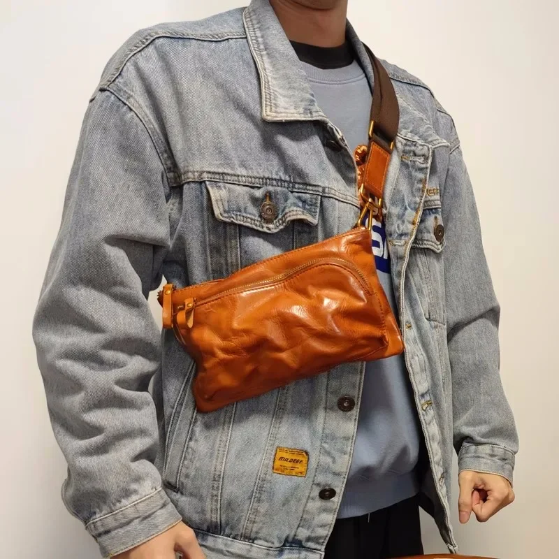 Vintage Men's Chest Bag Vegetable Tanned Top Layer Cowhide Leather Small Sling Bas Casual Fashion Boy's Crossbody Shoulder Bag