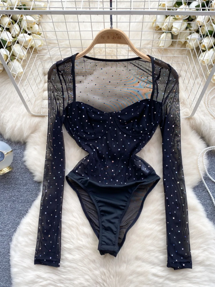 Women Sexy Jumpsuit Diamond Long Sleeved Slim Transparent Lace Mesh Bodysuits Summer Elegant Square Neck Rompers