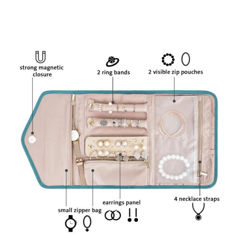 Organizzatore di gioielli da viaggio rotolo custodia per gioielli pieghevole in velluto per anelli da viaggio collane borsa per gioielli