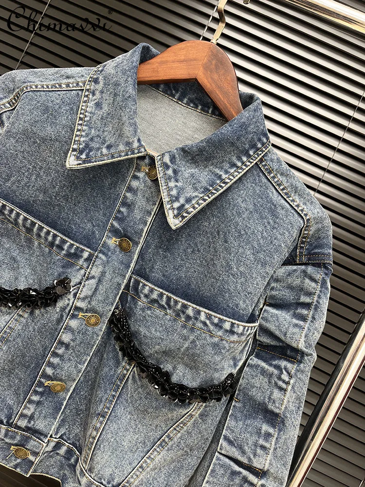 ヨーロッパスパンコールプリーツスリーブレトロウォッシュデニムジャケット女性の 2025 春のファッション機関車長袖エレガントなジャケットトップ