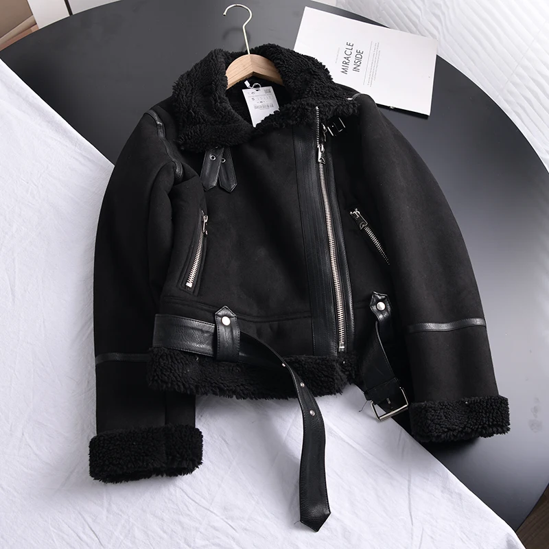 Winter Thick Parka Warm Suede Lamb Fur Jacket Women Faux Shearling Sheepskin Leather Jackets Outwear Short Motorcycle Biker Coat