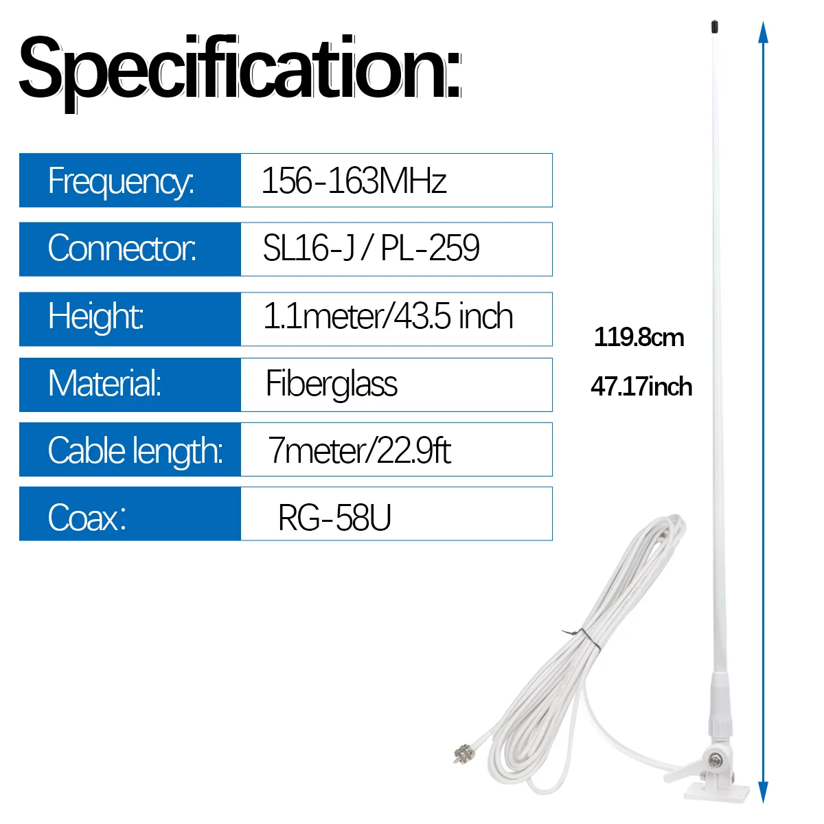ABBREE VHF 해양 라디오 안테나 156-163MHz 유리섬유 고이득 PL259 커넥터 RG58 케이블 보트 요트용 방수