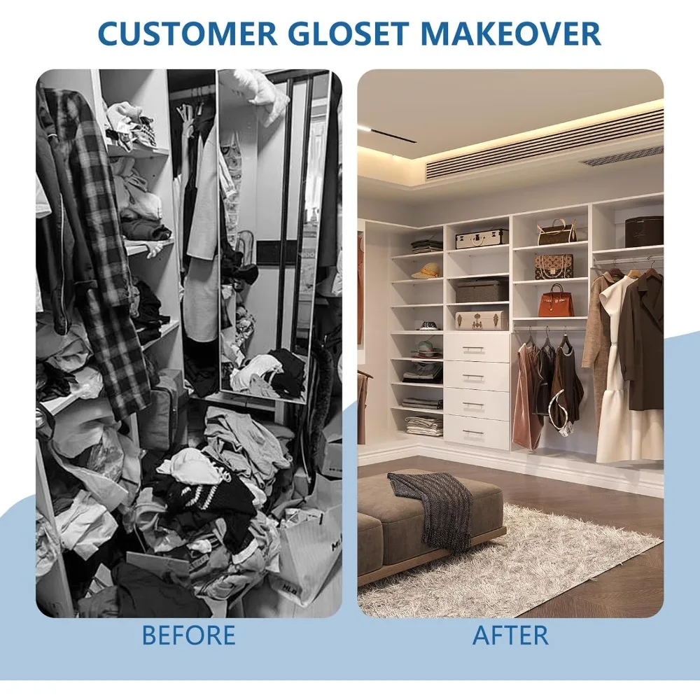 وحدة خزانة معلقة طويلة، نظام خزانة معياري، منظم نظام خزانة خشبي مع مساحة تخزين للمشي في الخزانات، رف ملابس Wa