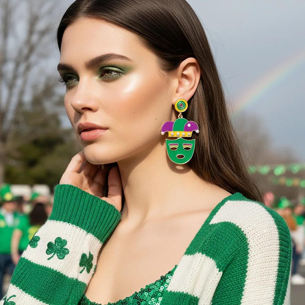 Tricolor Drip Clown Hat Mask Earrings St Patrick's Alloy Pearl Carnival Earrings