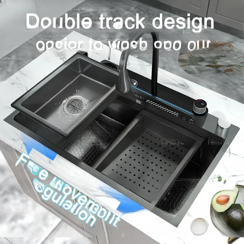 Stainless Steel Kitchen Sink With Waterfall Multifunctional Large Single Slot Embossed Vegetable Dishwashing Wash Basin